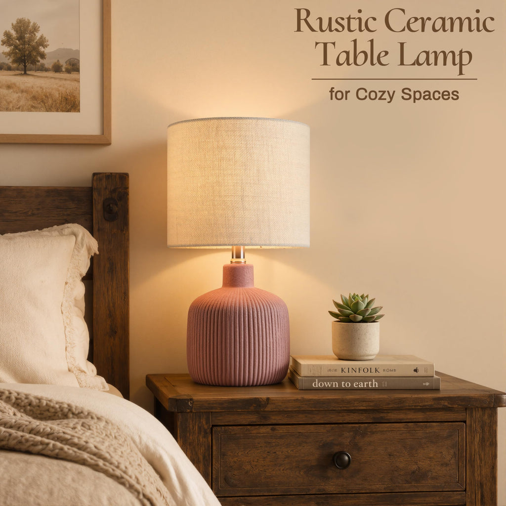 Ceramic Table Lamp, 17.75" Rustic Farmhouse Bedside Lamp with Beige Linen Shade, Warm Ambient Nightstand Lighting