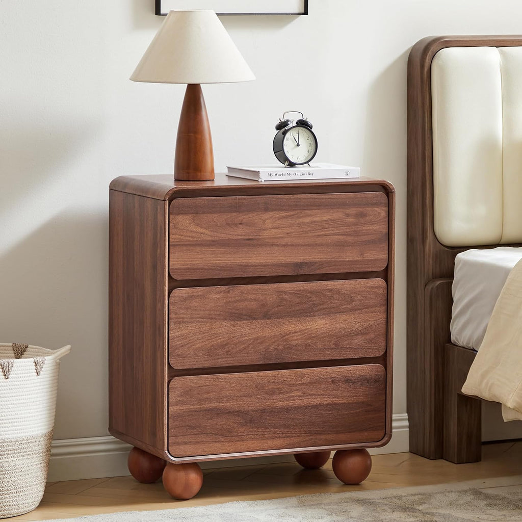 Wooden Night Stand wth 3 Drawer Dresser Mid Century Modern End Table Chest of Drawers, Solid Wood Legs & Curved