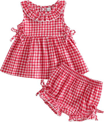 Toddler Baby Girl Summer Outfits Plaid Sleeveless Vest Tank Top Ruffles Shorts Infant Gingham Clothes Set