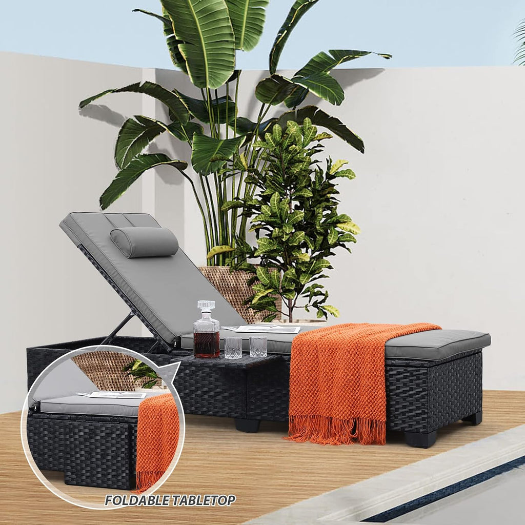 Outdoor Chaise Lounge Chairs for Outside Patio Furniture Set of 2 Wicker Recliner Black Rattan Sunbathing Lounger
