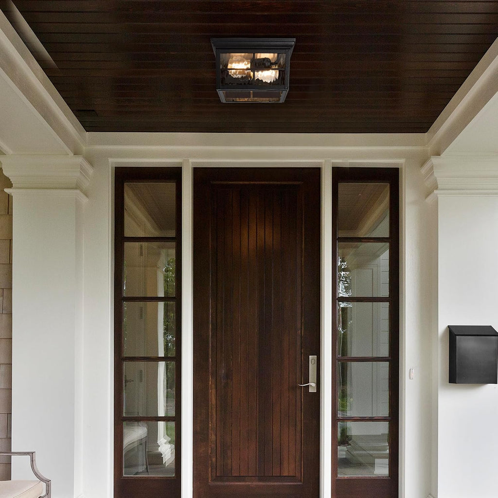 Outdoor Flush Mount Ceiling Light Fixture, Black with Water Glass | Square Farmhouse Porch or Patio Light