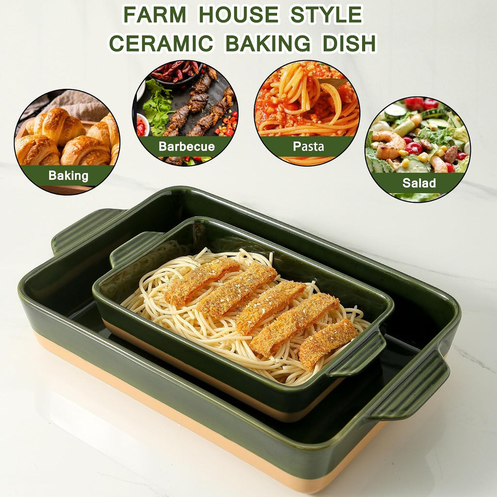 Ceramic Casserole Dish with Handles, Large 9x13 inch Pan and Middle Pan - Porcelain Serving Bakeware Set (Forest