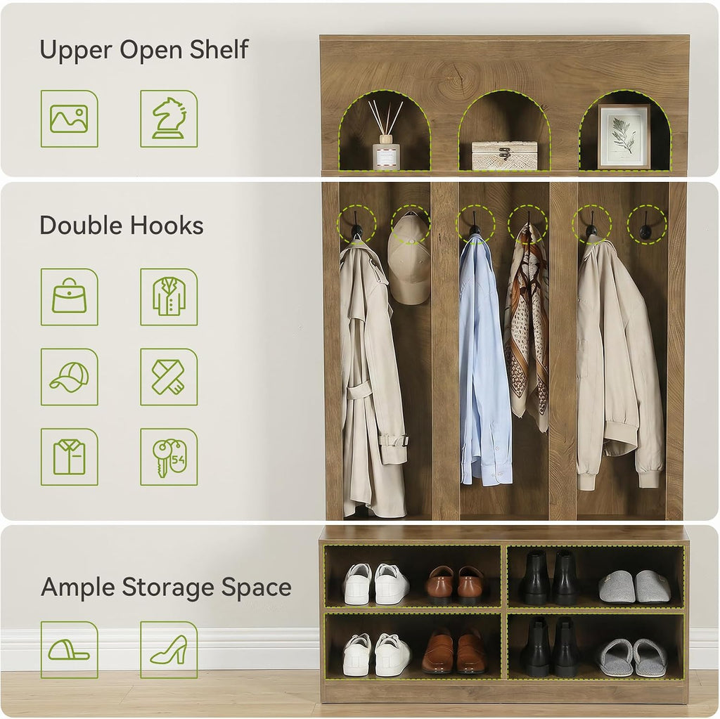 Hall Tree, 70" Entryway Bench with Coat Rack and Shoe Storage | 6 Double Hooks, Mudroom Bench with Storage and Hooks