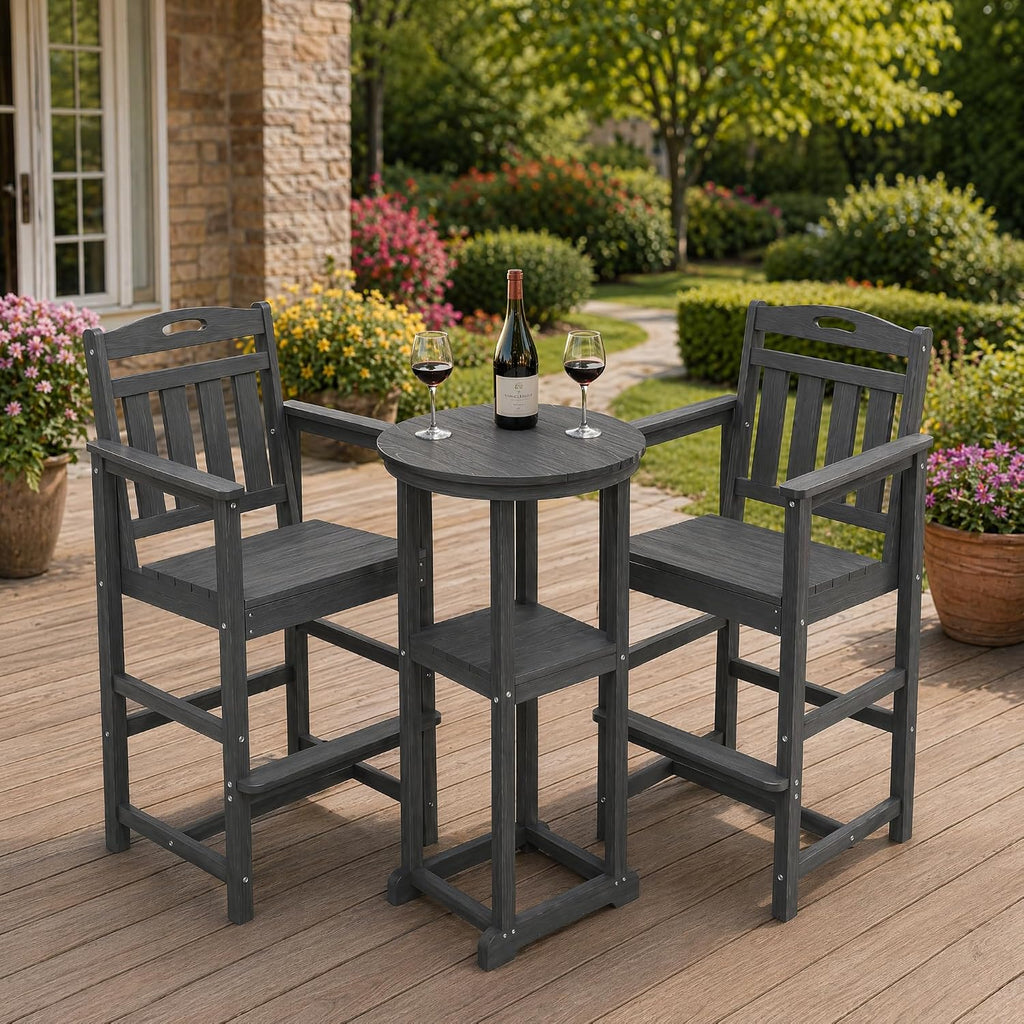 3-Pc Bistro Set High Top Table 2 Adirondack Chairs HDPE Round Grey | Round w/shelf. HDPE wd-grain, adj
