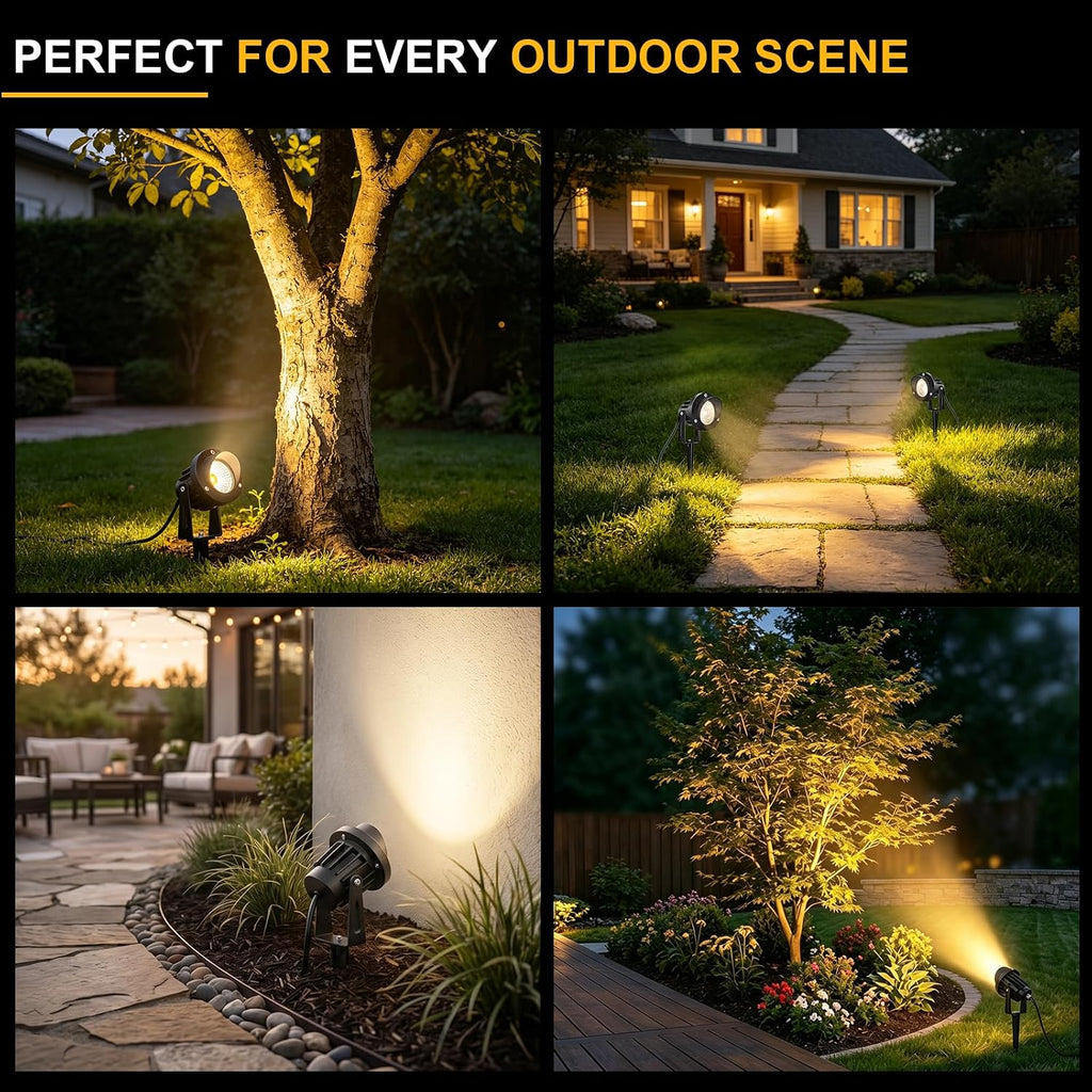 12W LED Landscape Spotlights, 120V Plug-in Outdoor Lighting, 4 Pack | 1200LM Brightness with 3000K Warm White, IP65