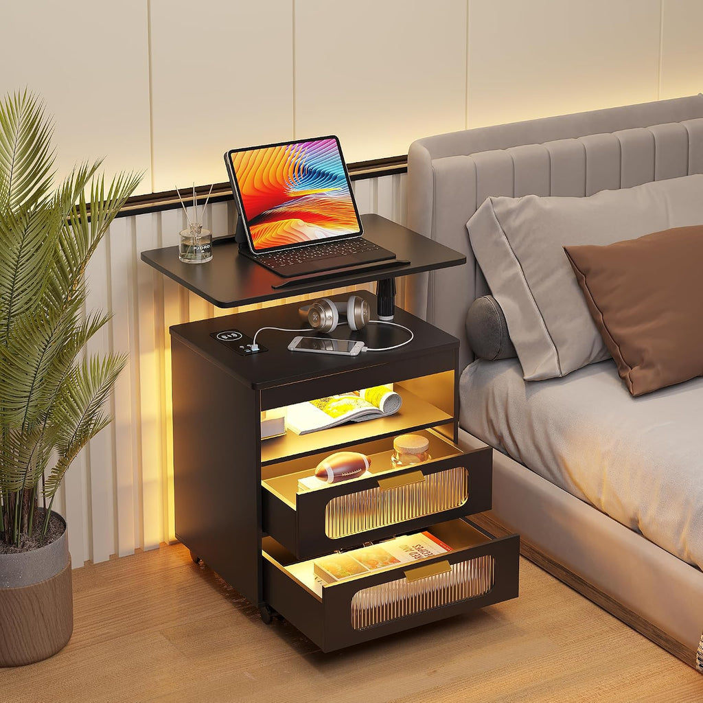 Nightstand with Wireless Charging Station, LED Nightstand Has Adjustable Rotary Workstation,Smart Night Stand with 2