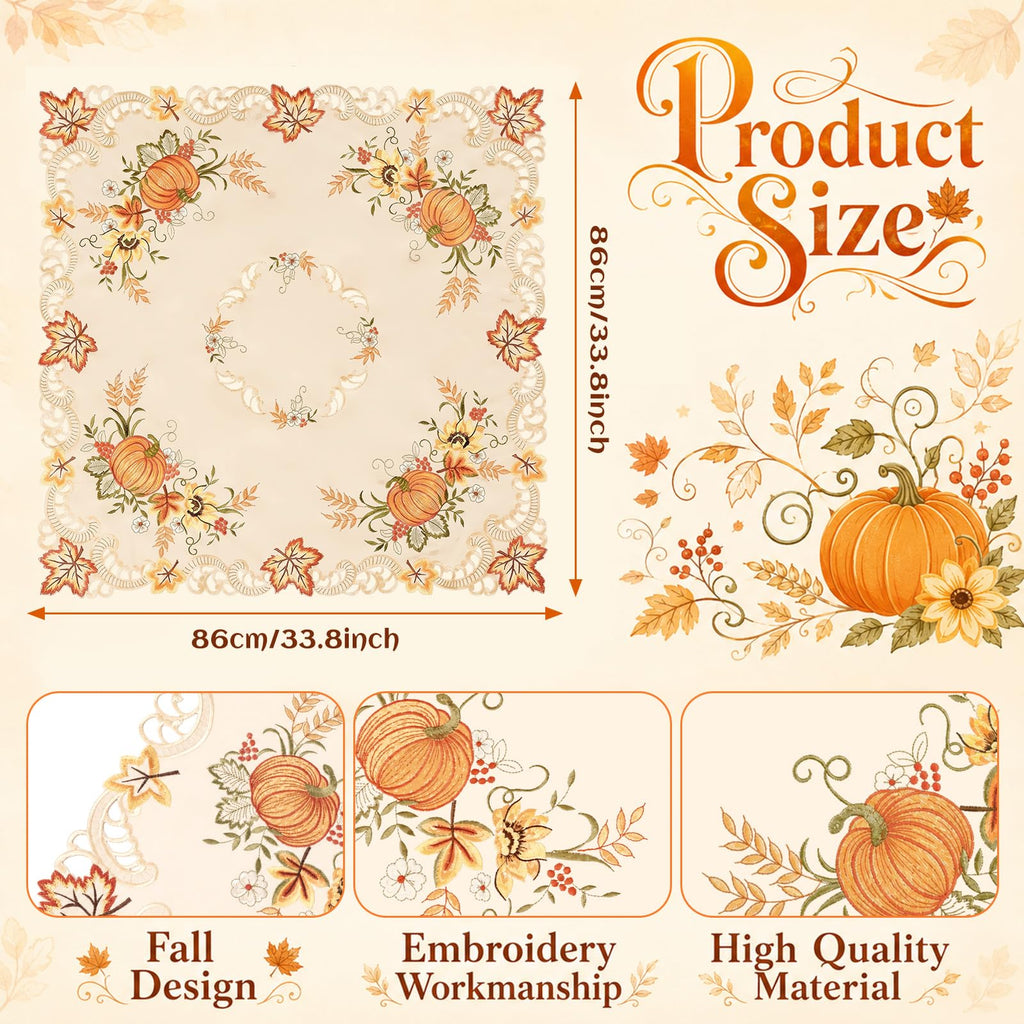 Thanksgiving Tablecloth 34'' Square Embroidered Fall Tablecloth