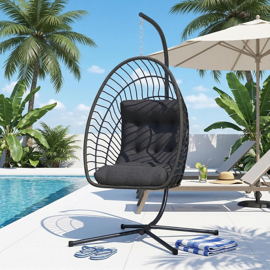 Hanging Egg Chair with Stand Indoor Outdoor, Foldable Rattan Wicker Hammock Egg Swing Chair Porch Patio Garden