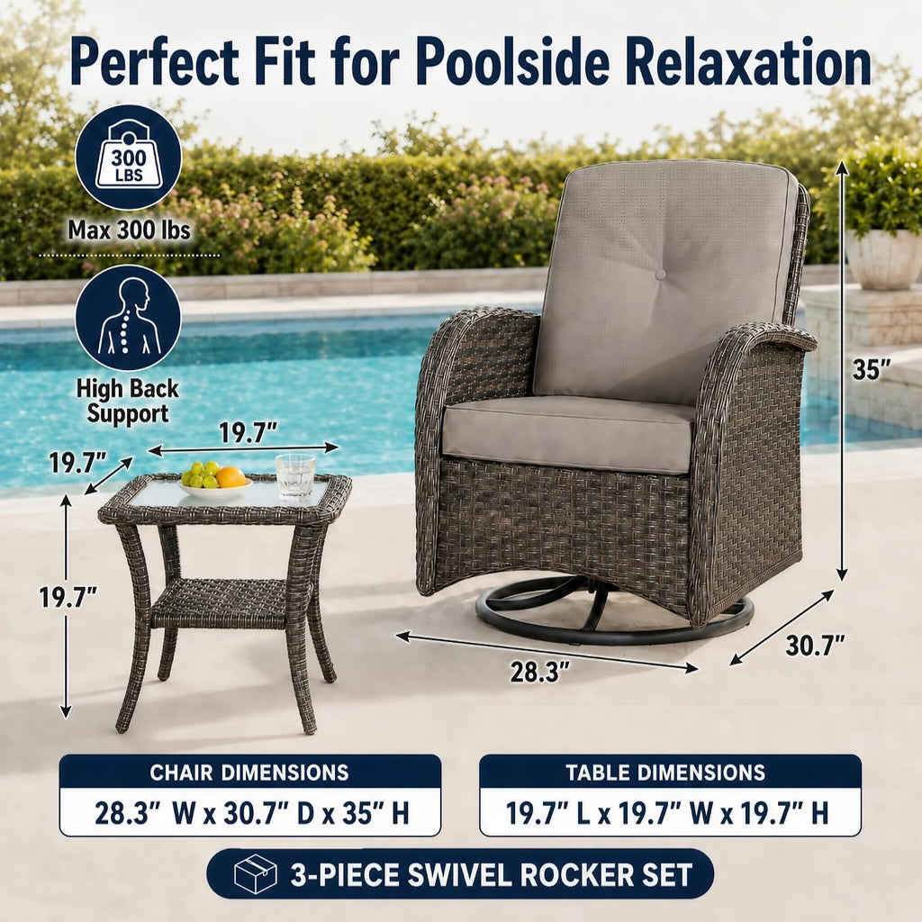 3 Piece Wicker Patio Swivel Rocker Set with Table, Brown/Grey | PE resin wicker, rust-resistant frame, glass top