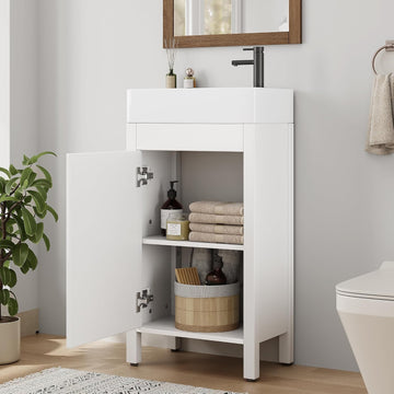 16" Bathroom Vanity with Sink, Freestanding Wooden Bathroom Vanity Cabinet with Soft-Closing Door and Metal Handle, Modern Floor Standing Storage for Small Spaces，White