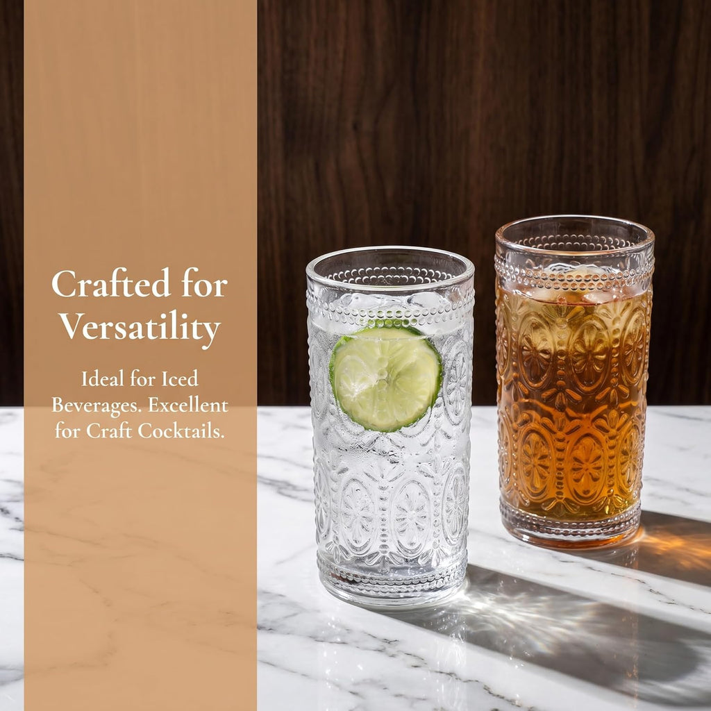 6 Pack Romantic Drinking Glasses, 12 oz Highball Glasses, Thick Water Glasses, Tall Glass Cups for Beverages, Beer