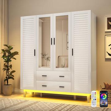 4 Door Armoire Wardrobe Closet Cabinet with Drawers and LED Lights, Multi-Tier Shelves, Hanging Rod & 4 Louver Doors