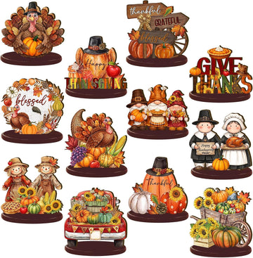 Thanksgiving Table Decorations, Wooden Fall Harvest Centerpiece, Pilgrim Turkey Gnome Table Topper Signs - Set of 12