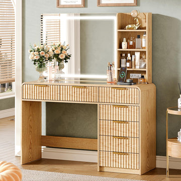 47"Makeup Vanity Desk with Mirror and Lights, Vanity Desk with 7 Drawers & Storage Shelves, Vanity Table with Power