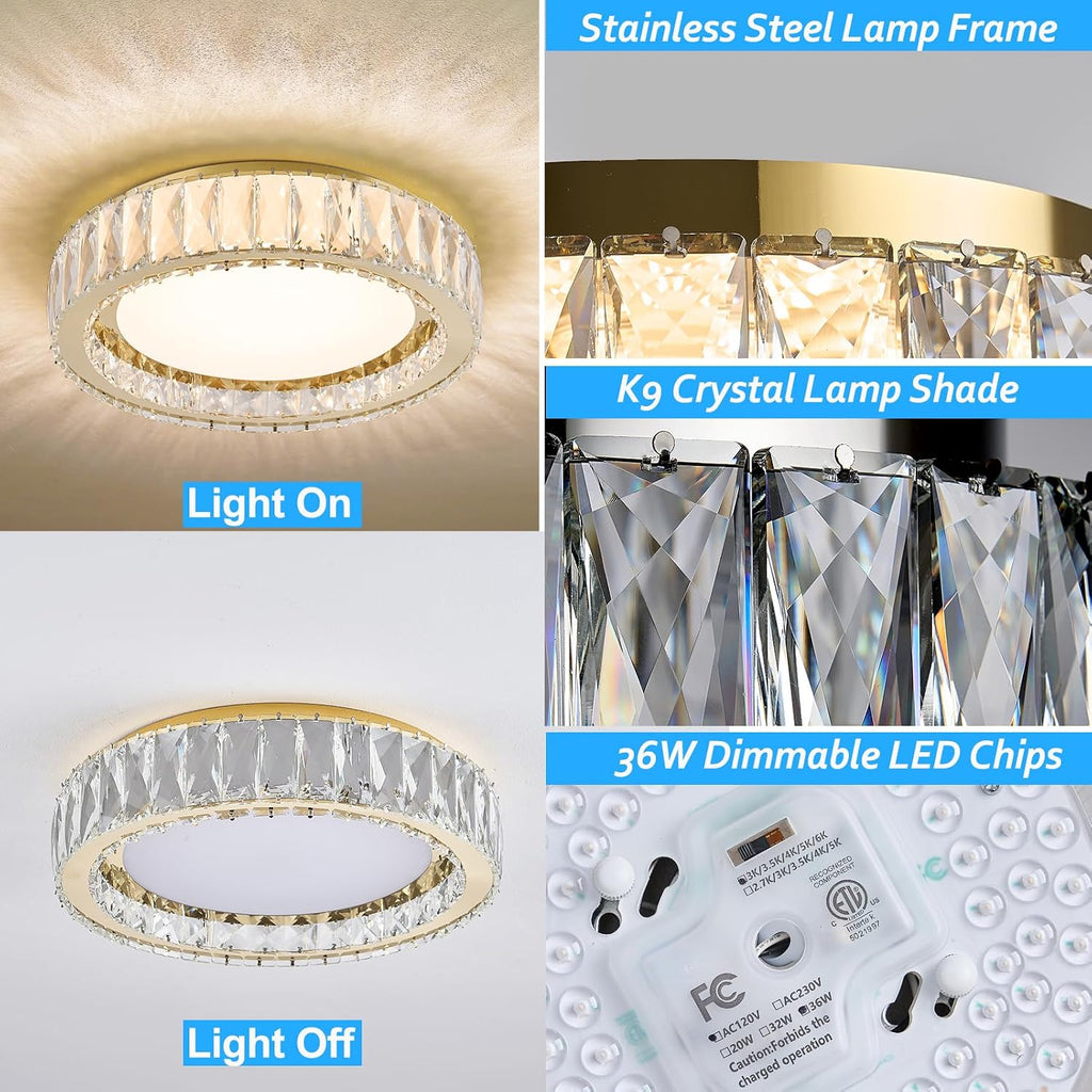 15 Inch Gold Modern Crystal Flush Mount Chandelier,Large Dimmable LED 5CCT 3000K-6000K 36W Round Close to Ceiling