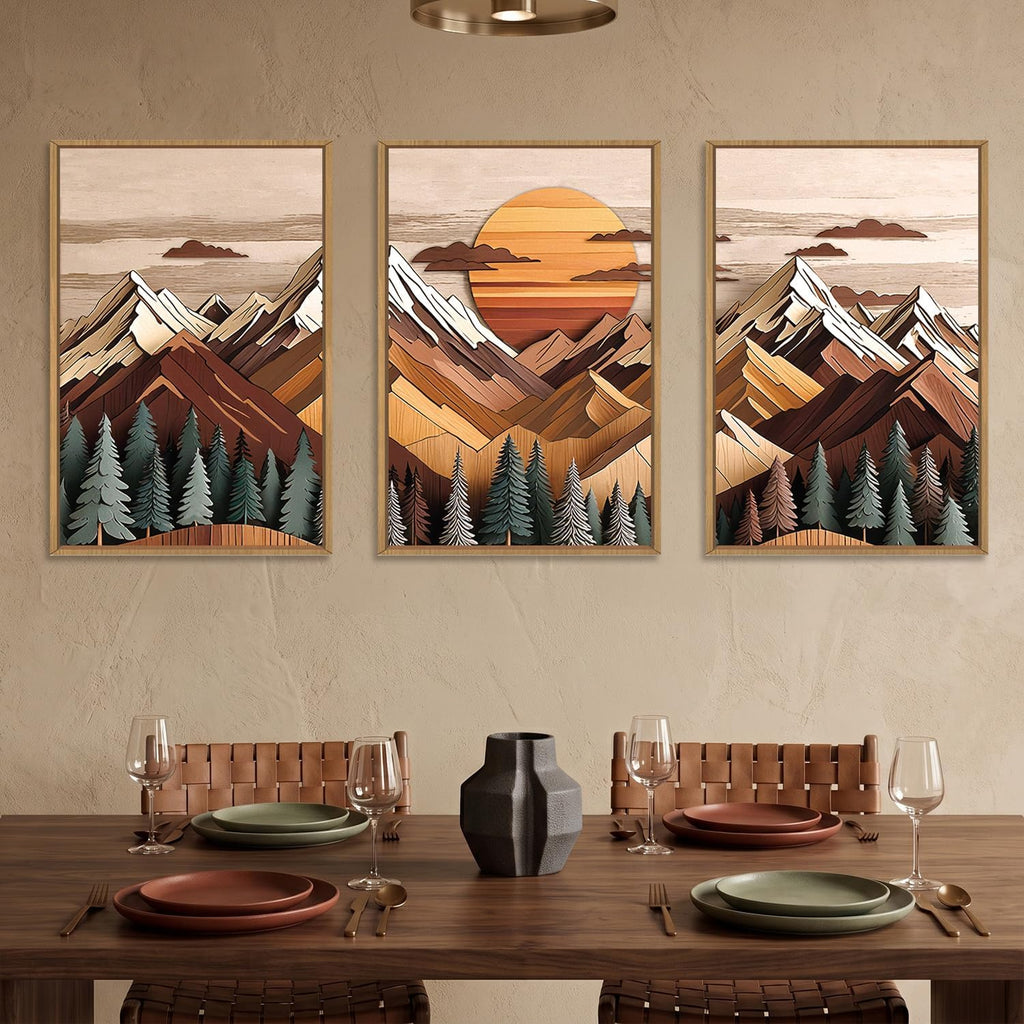 Woodcut Mountain Landscape Framed Canvas Wall Art Set-24"x36"x3