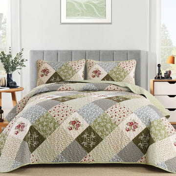 Patchwork Quilt Set, Boho Bedding Set, Oliver Green
