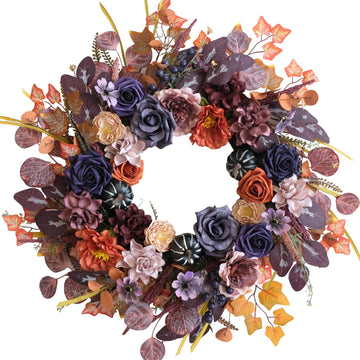 24inch Fall Wreaths for Front Door, Autumn Wreath with Purple Rose Orange Peony Eucalyptus Leaves, Farmhouse Wreaths