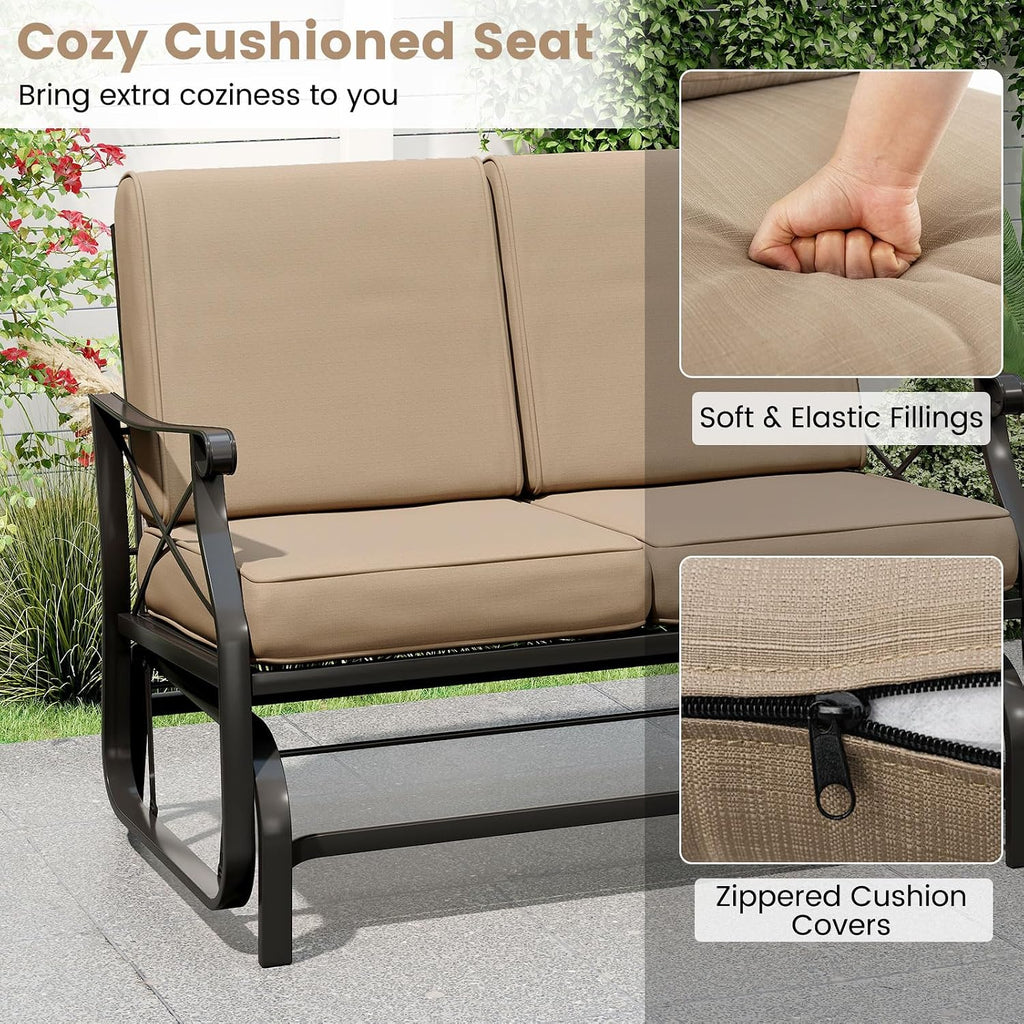 Patio Glider Bench, 2-Person Swing Gliding Loveseat with Breathable Fabric Seat & Soft Cushions, 660 LBS Metal Frame