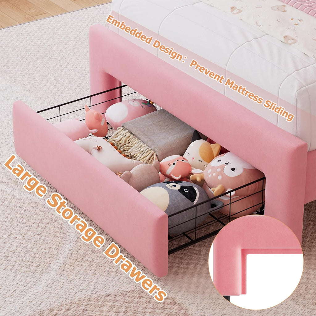 Twin Upholstered LED Bed Frame with Storage Drawer and Adjustable Chic Double Wavy Headboard, Velvet Princess