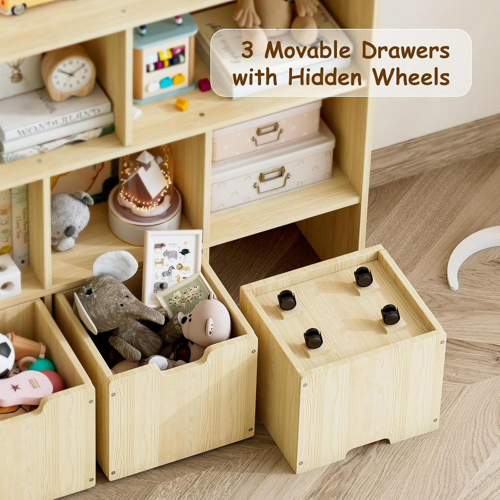 Solid Pine Wood Toy Storage Organizer, Kids Bookshelf and Toy Organizer with 3 Rolling Drawers, 5 Storage Cubes