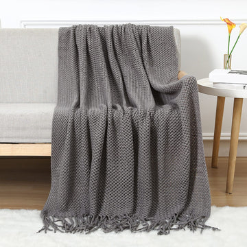 Knitted Throw Blanket with Tassel Breathable Cellular Blanket Nordic Style Soft Cozy Couch Cover Decorative Blanket