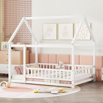 Full Size House Floor Bed,Wooden Montessori Bed with Fence and Roof for Kids,Playhouse Full Bed Frame for