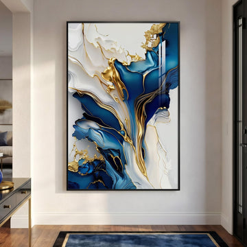 Extra Large Framed Blue White and Gold Abstract Wall Art, Vertical 40x60 In
