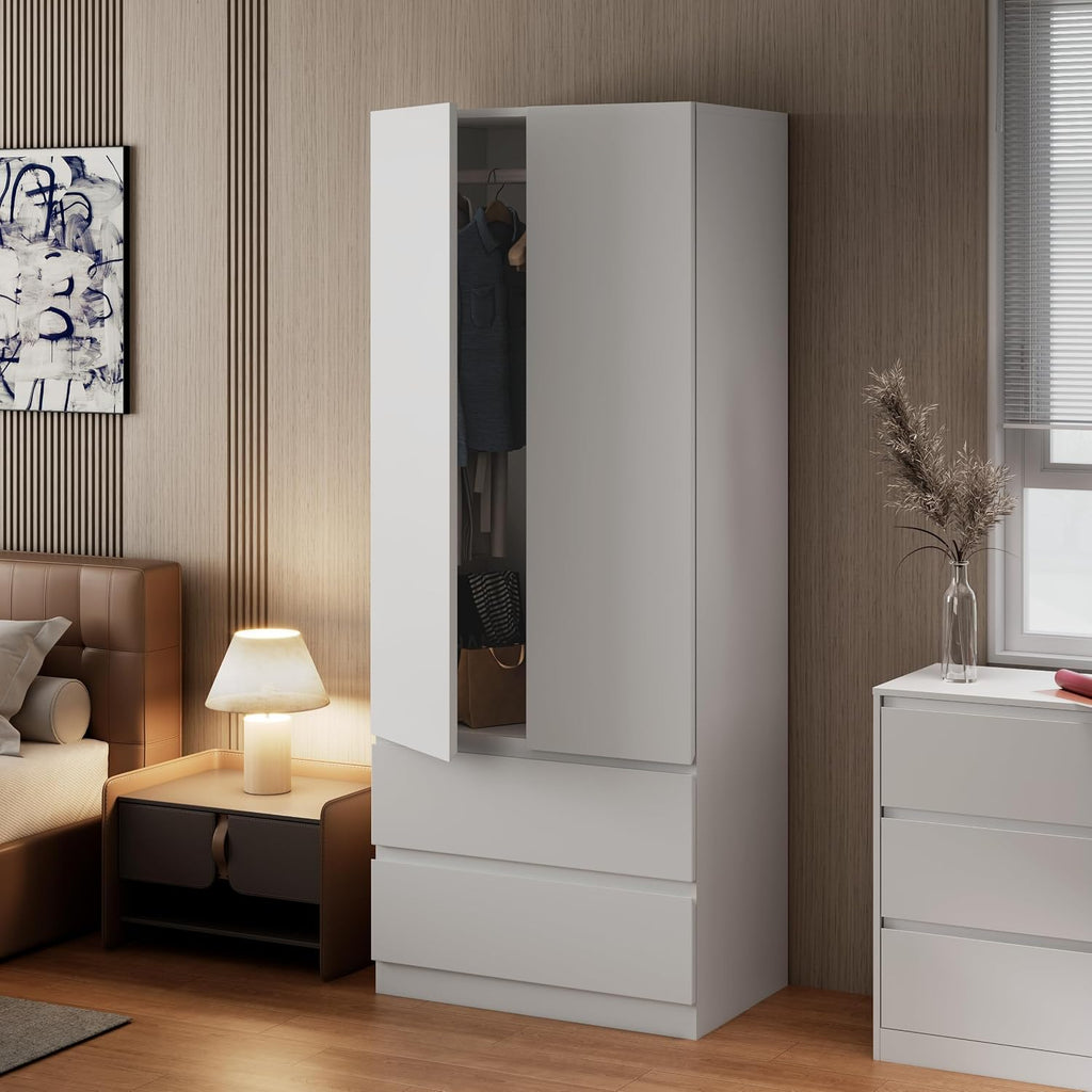White Armoire Wardrobe Closet with Large Capacity, 78.74" Tall Bedroom Armoire, Wooden Wardrobe Cabinet with 2