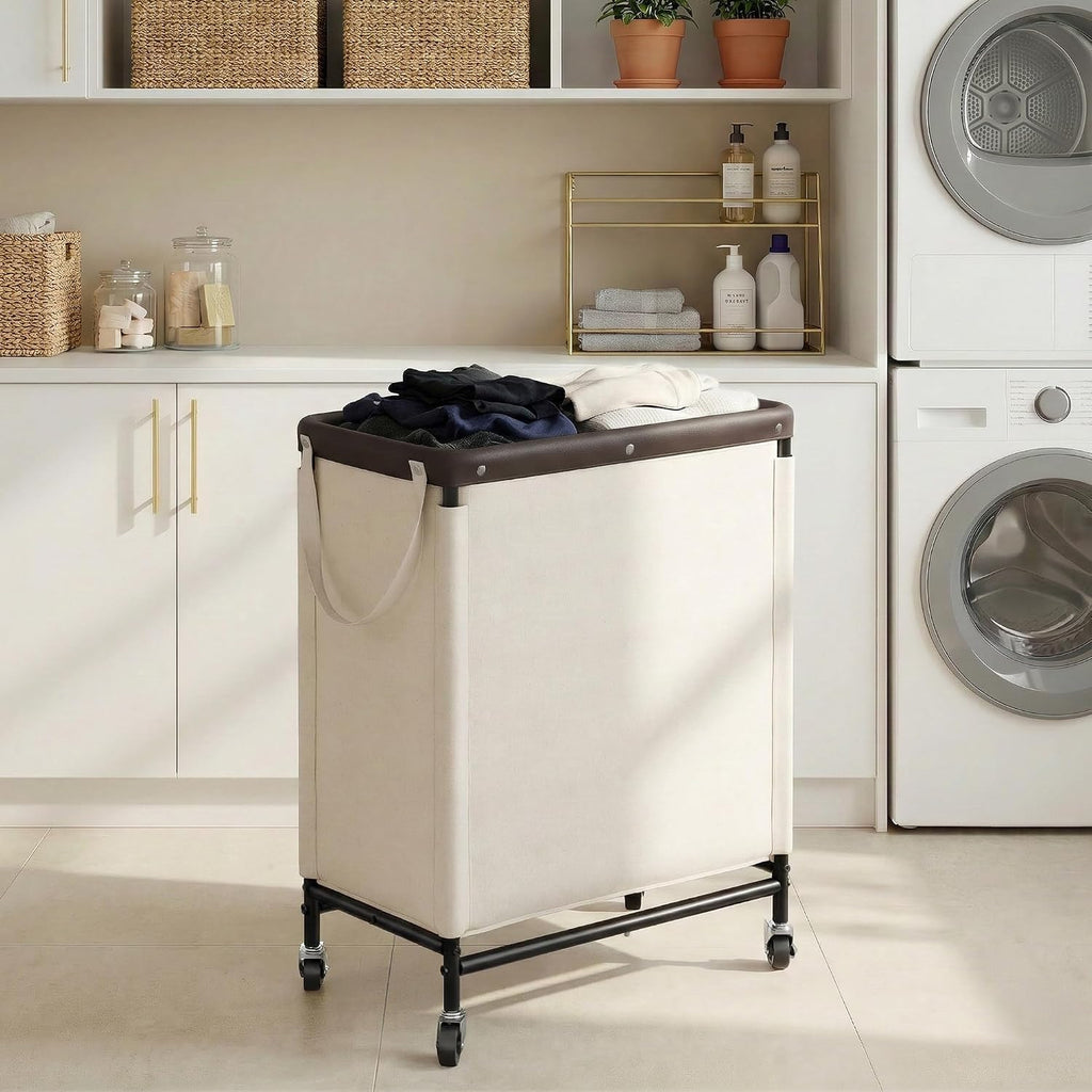2 Section Laundry Hamper, 100L Beige Sorter Cart with Wheels