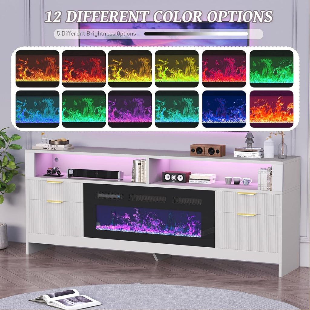 Fireplace TV Stand with 36" Fireplace Up to 80" TVs, 70" Entertainment Center with LED Lights, Storage Cabinets
