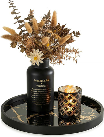 Decorative Tray Decor Round Serving Trays for Coffee Table | 11.8" Modern Black Imitation Marble Tray for Table