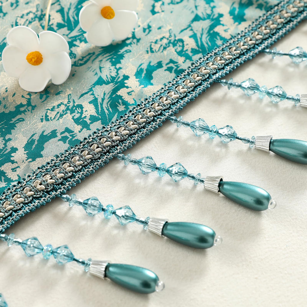 Victorian Damask Jacquard Waterfall Valance, 59 x 43, Teal Blue