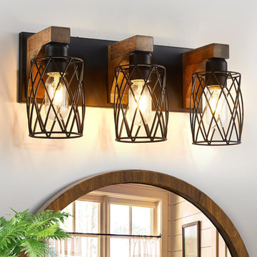 Farmhouse Bathroom Vanity Light, 3-Light Wood Bathroom Light Fixtures Over Mirror, Black Industrial Vanity Lights