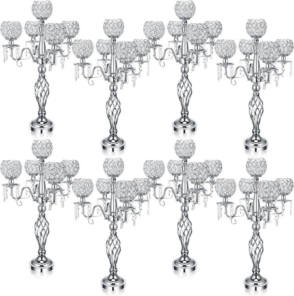 8 Pcs 5 Arm Crystal Candelabra Centerpieces for Table 27 Inch Retro Victorian Crystal Candle Holders Bowl Table