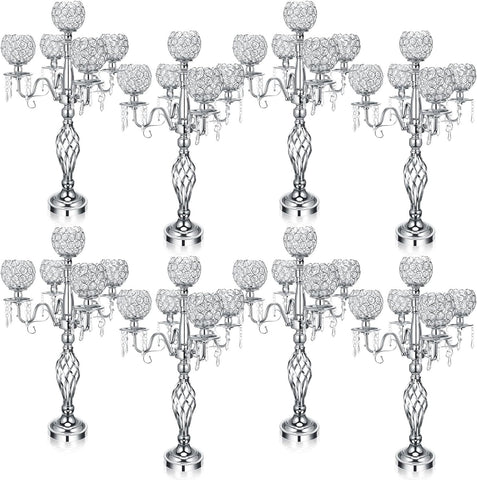 8 Pcs 5 Arm Crystal Candelabra Centerpieces for Table 27 Inch Retro Victorian Crystal Candle Holders Bowl Table