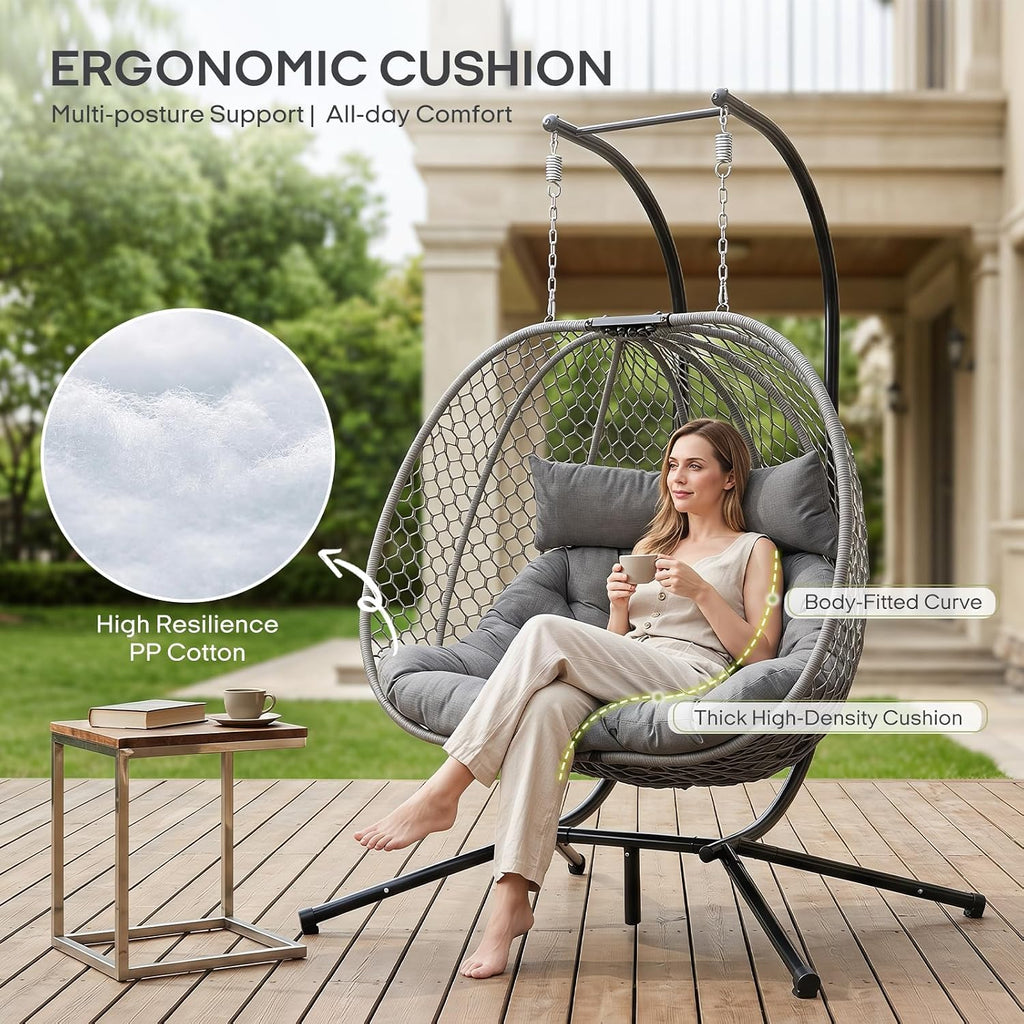 Double Egg Chair with Stand for 2 Persons, Oversized Patio Hanging Basket Chair, Honeycomb Wicker Swing Chair with