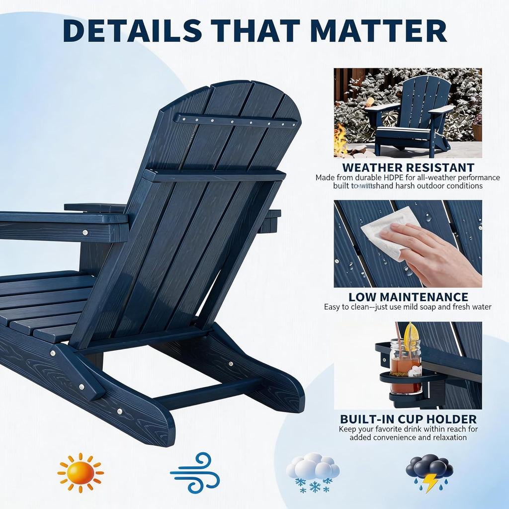 HDPE Folding Adirondack Patio Chair with Cup Holder - Weather-Resistant Plastic, Wood Grain Texture, Outdoor Lounge