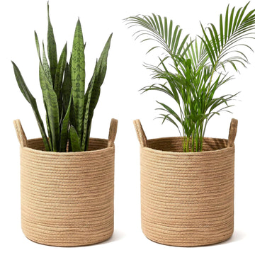 2 Pack Jute Rope Planter Basket with Handles, 11.8"x11.8" Woven Plant Basket, Natural Indoor Wicker PlanterTree Pot