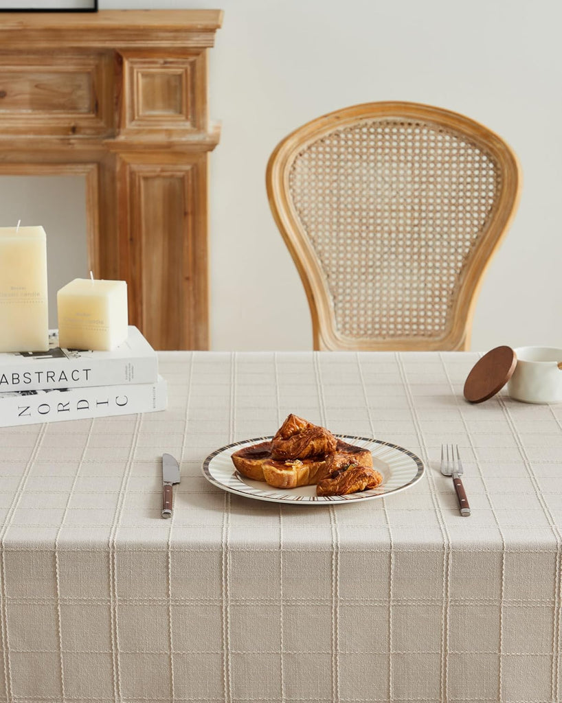 Linen Checked Table Cloth 52x70 Inches (Fit 3ft-4ft, Narrow Fit for 5ft Rectangle Table), Farmhouse 