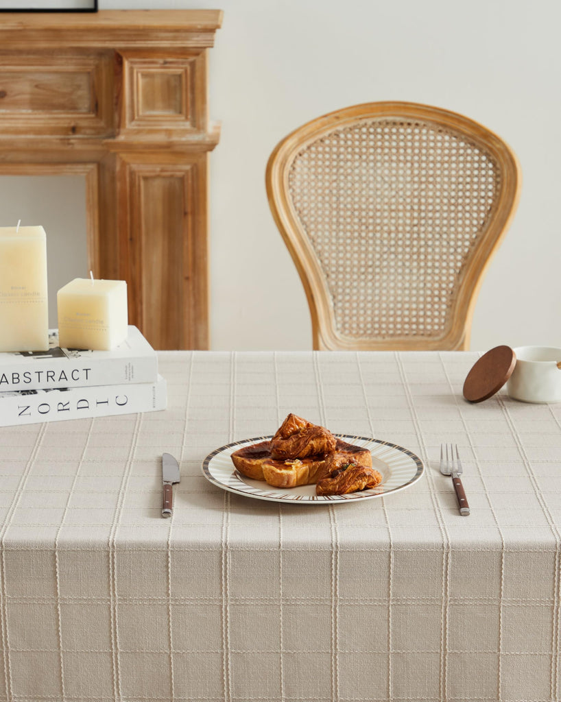 Linen Checked Square Table Cloth 60x60 Inch Neutral Beige