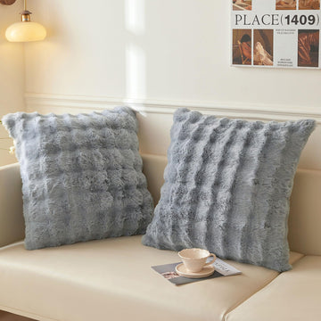 Fluffy Faux Rabbit Fur Throw Pillow Covers 24x24 Set of 2, Gray