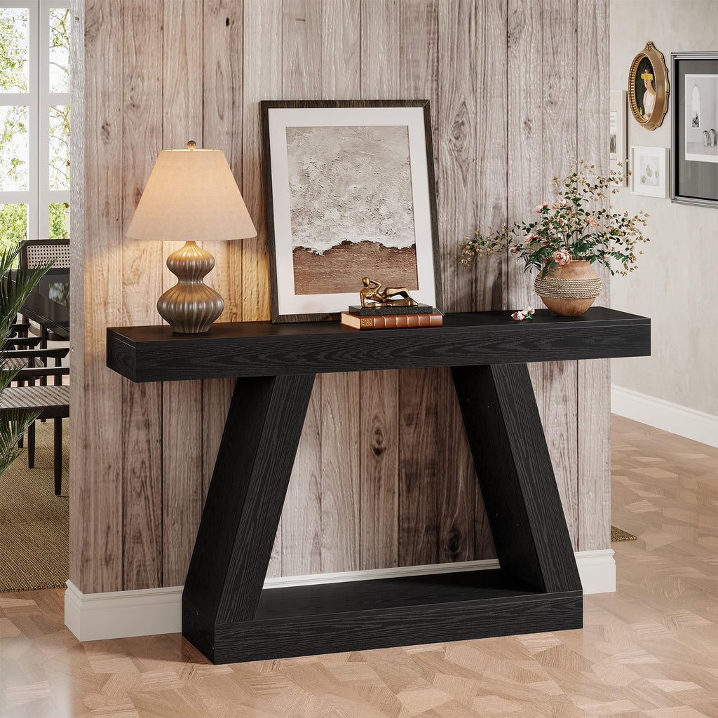 Farmhouse Console Table, 55-Inch Rustic Sofa Table with Storage, Industrial Wooden Entryway Table, Black & Brown