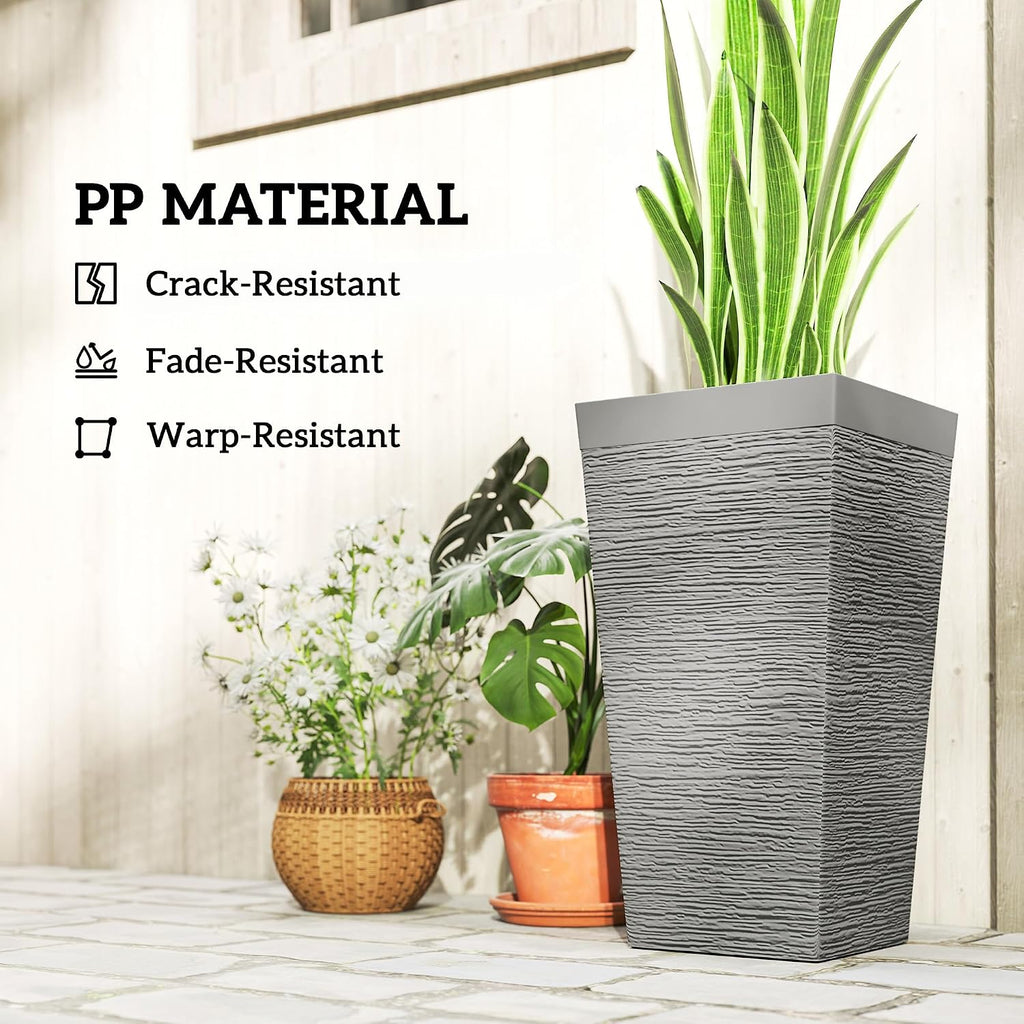 22.8 Inch Tall Planters for Outdoor Plants Set of 3, Gray | Wheels, Flower Pots, Stone Finish, Stackable Tapered