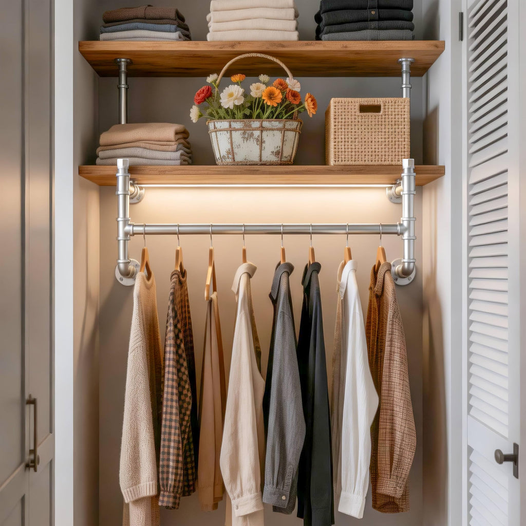 Wall Mounted Clothes Rack with Shelf, 36" Industrial Pipe Clothing Rack with Shelf with Hanging Rod, Heavy Duty Iron