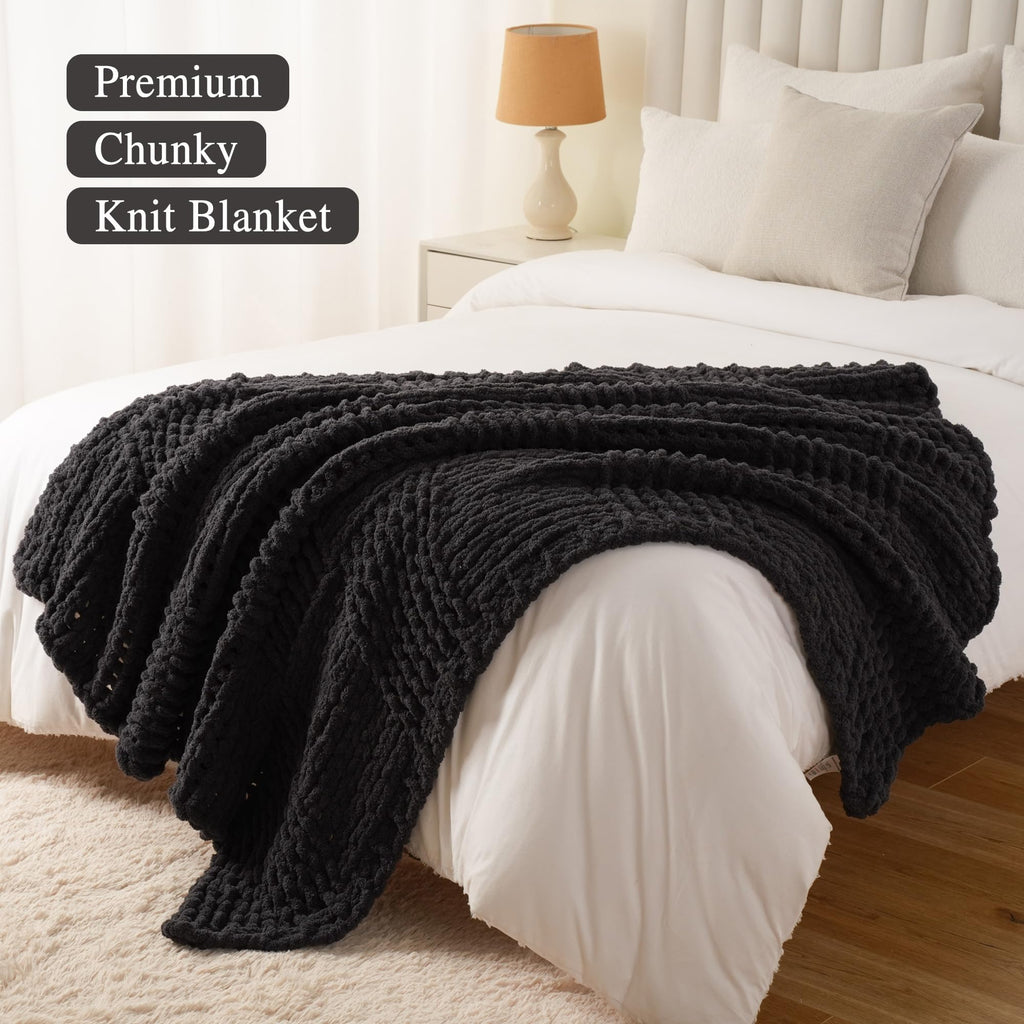 Chunky Knit Throw Blanket for Couch, 50"x60", Charcoal