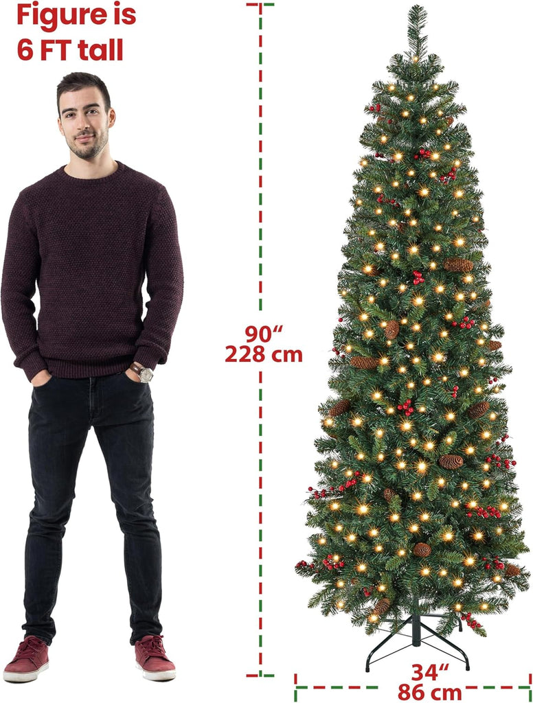 7.5ft Pre-lit Pencil Spruce Christmas Tree, Artificial Slim Xmas Fir, Pre-Decorated, Party, Holiday Decor W/ 948