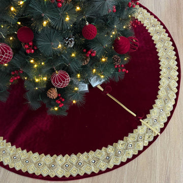 60-Inch Venetian Gilded Velvet Christmas Tree Skirt with Gold Embellished Border, Foam-Padded, Button Closure