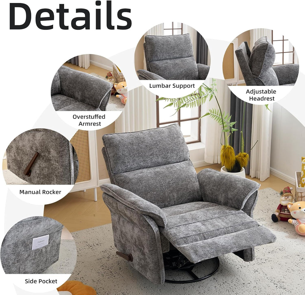 Oversized Glider Rocker Recliner, 24" Extra Wide 360° Swivel Nursery Recliner with Adjustable Headrest, Chenille