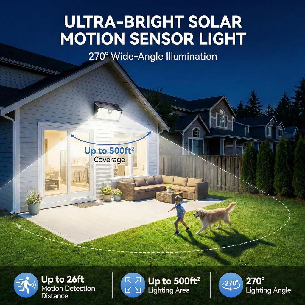 Solar Flood Lights Outdoor Motion Sensor, 452 LED Solar Security Lights with 26FT PIR Sensor, 270° Wide Angle, 30%